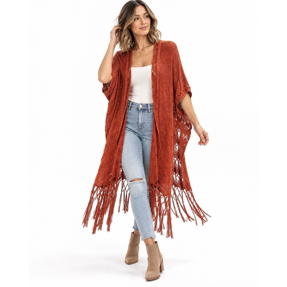 KORI Rust Orange Open Knit Crochet Fringe Kimono Cardigan S/M Boho